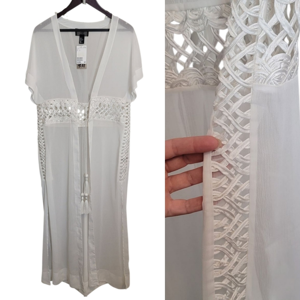 🆕️ H&M Longline Semi-Sheer Tassel Tie Front Duster Kimono Robe - Size M/L - Picture 11 of 11